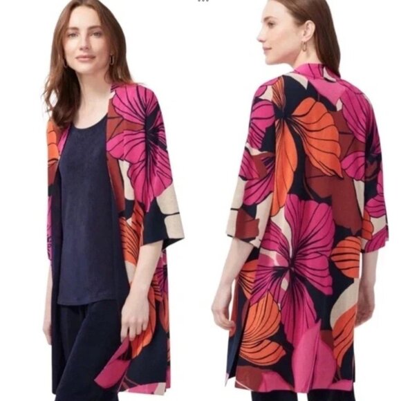 Chicos Travelers Open Front Long Floral Duster Sweater Size Large Pink Orange - Picture 1 of 10